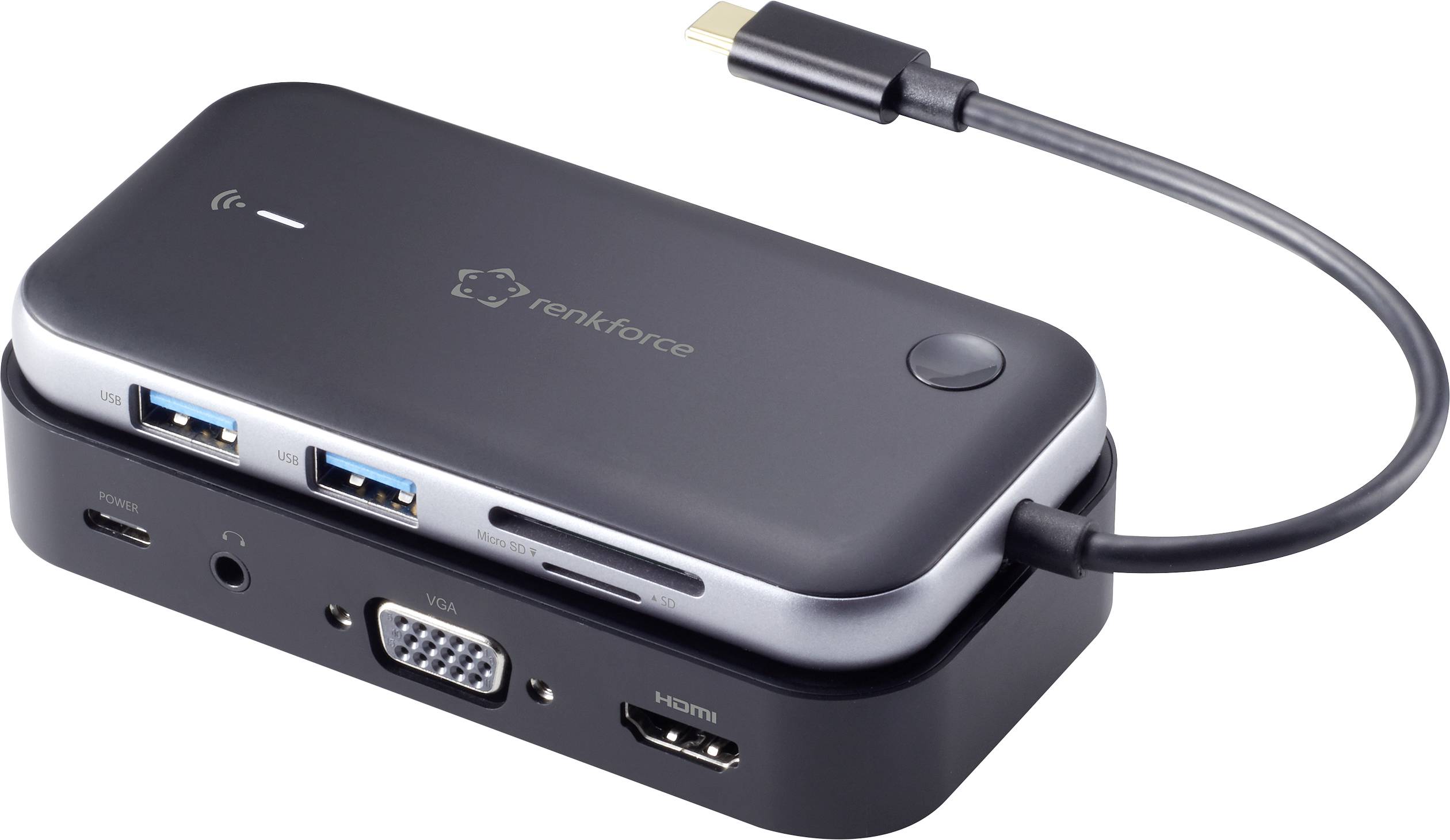 Een zwarte multi-aansluiting adapter met meerdere poorten, waaronder USB, VGA en HDMI. Een kort kabel is bevestigd.