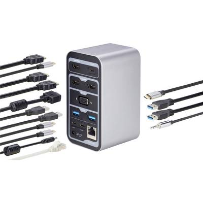 Meerdere kabels zijn aangesloten op een dockingstation dat beschikt over HDMI-, Ethernet-, VGA- en USB-aansluitingen.