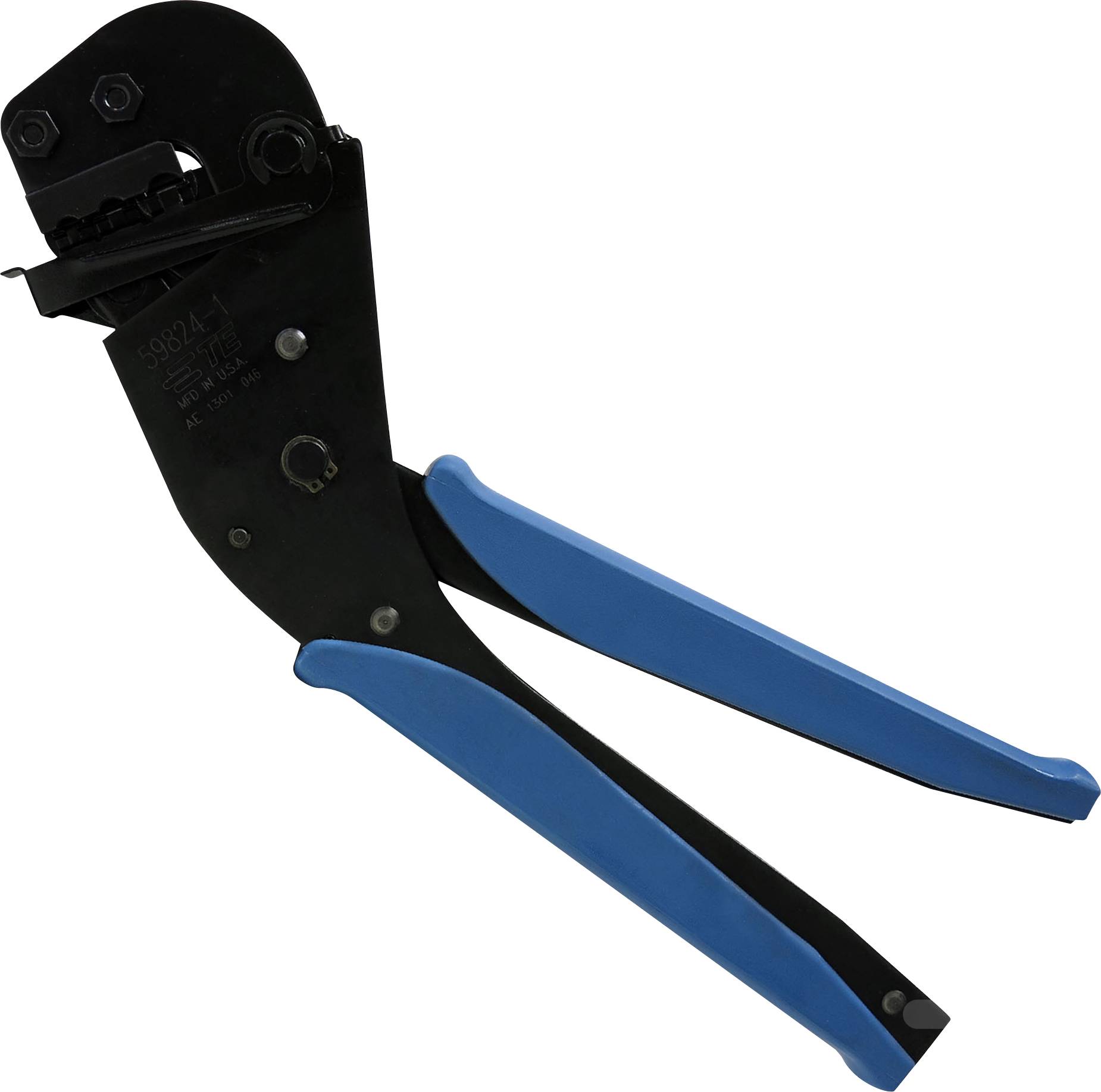 Een zwarte krimptang met blauwe handgrepen, die wordt gebruikt voor het persen van kabels en connectoren.