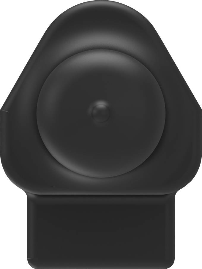 Een zwart, rond kunststof onderdeel met een platte basis, mogelijk een technisch accessoire of adapter.