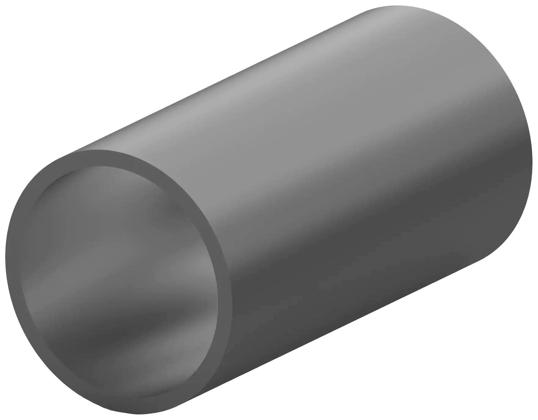 Grijze, cilindrische metalen buis, licht naar links gekanteld, zonder zichtbare openingen.