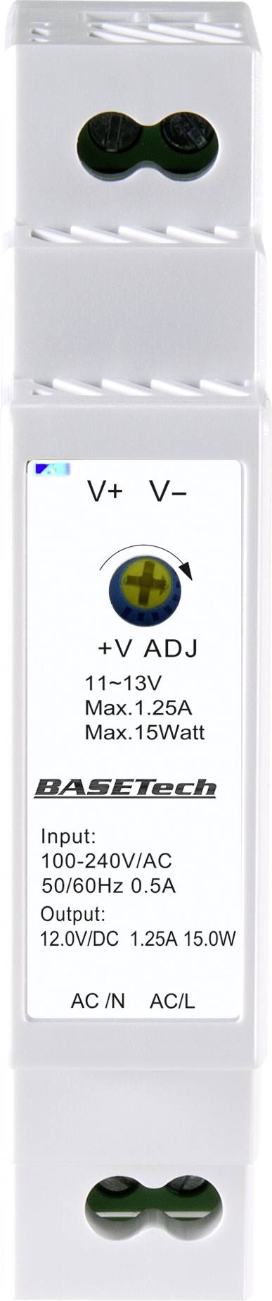 Wit voedingsadapter met opschrift 'Basetech'. Invoer: 100-240V, 50/60Hz 0,5A. Uitvoer: 12VDC, 1,25A, 15W.