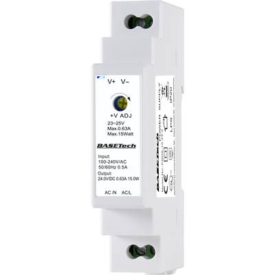 Een rechthoedige voeding met opschriften: '23-25V', 'Max. 0,63A', 'Max. 15W'. Ingangsbereik: '100-240V/AC', '50/60Hz 0,5A'.