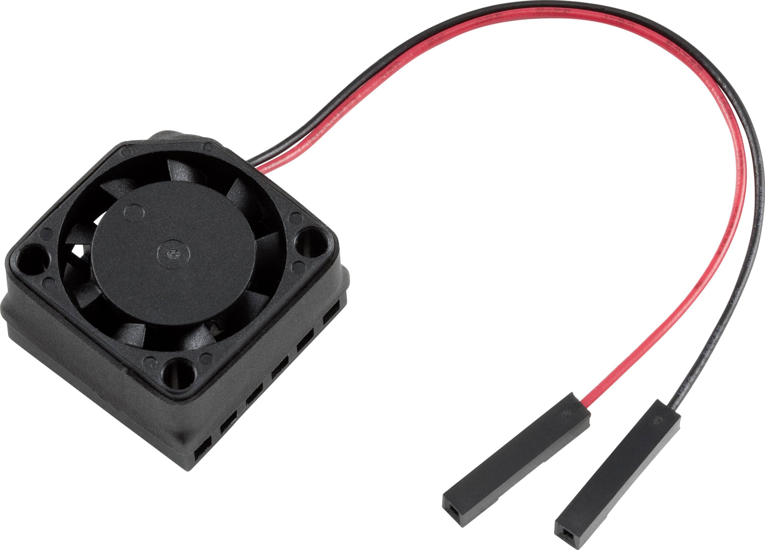 Een kleine, zwarte ventilator met een rood en zwart aansluitkabel. De ventilator heeft zeven rotorbladen en een vierkante vorm.