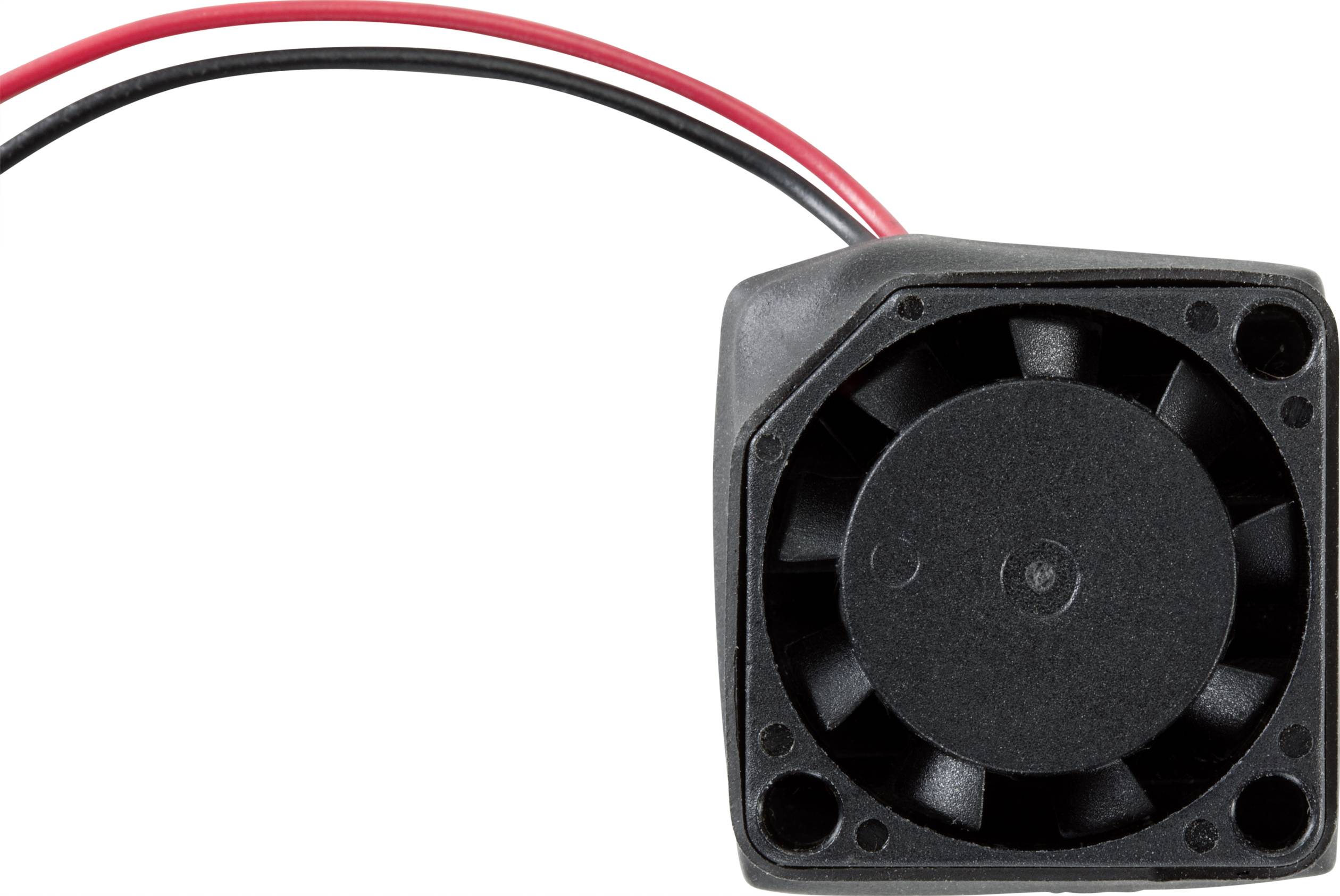 Kleine zwarte ventilator met een rood en een zwart snoer, vaak gebruikt voor koeling in elektronische apparaten.