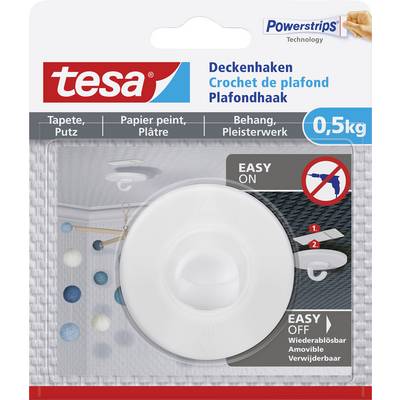 'Verpakking van een plafondhaak van tesa voor behang en pleisterwerk. Houdt 0,5 kg. Gemakkelijk aan te brengen en te verwijderen. Afb. toont toepassing.'