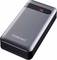 Een zilveren powerbank van het merk 'Intenso' met een digitaal display dat '98' weergeeft, wat de huidige batterijstatus in procenten aangeeft.