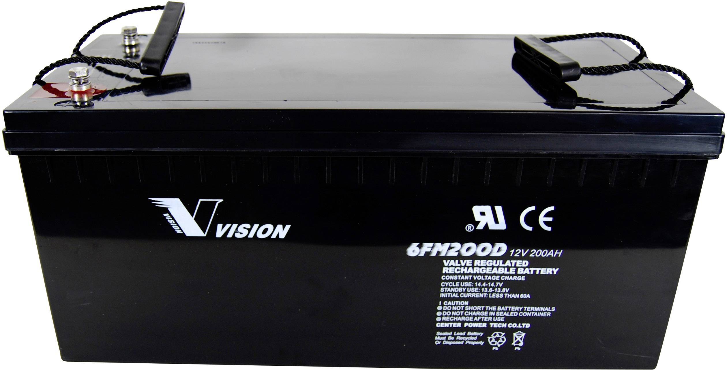 Zwarte 12V 200Ah batterij met opdruk 'Vision', technische specificaties en keuringszegel op de voorkant.