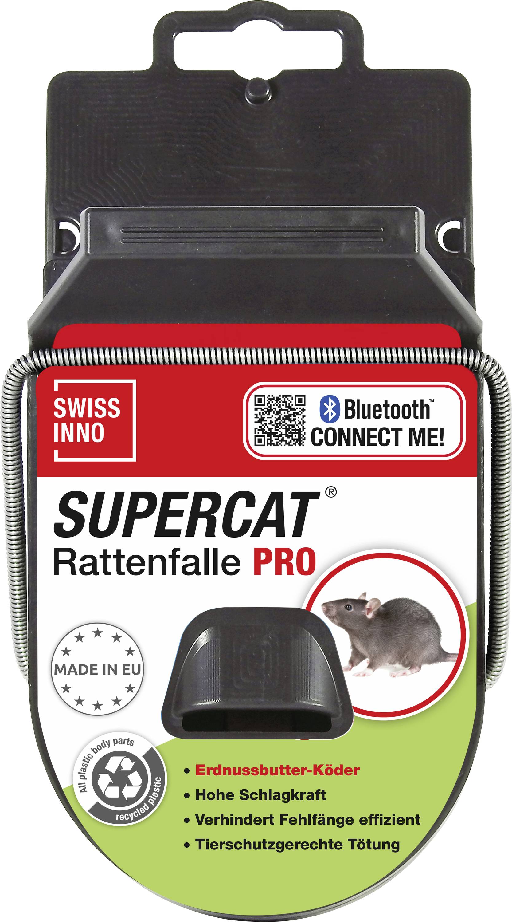'Supercat Rattenfalle PRO' rattenvalkpackaging met een muisafbeelding. Hoogtepunten zijn onder andere arachideboter lokaas, hoge slagkracht en efficiënte vangst.