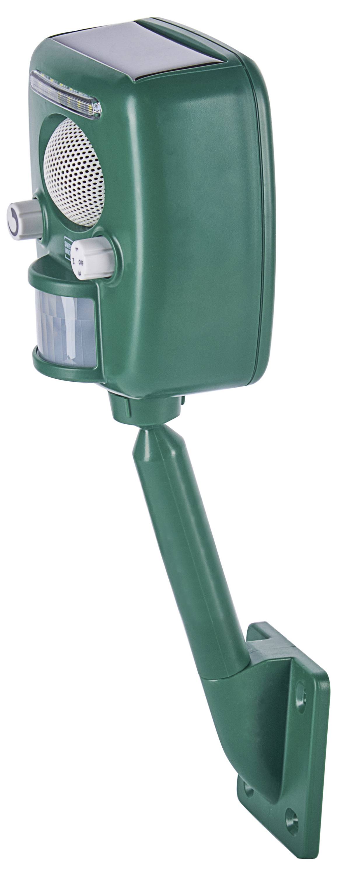 Groene elektronische apparaat met een luidspreker, bedieningsknoppen en bewegingssensor, gemonteerd op een verstelbare beugel.