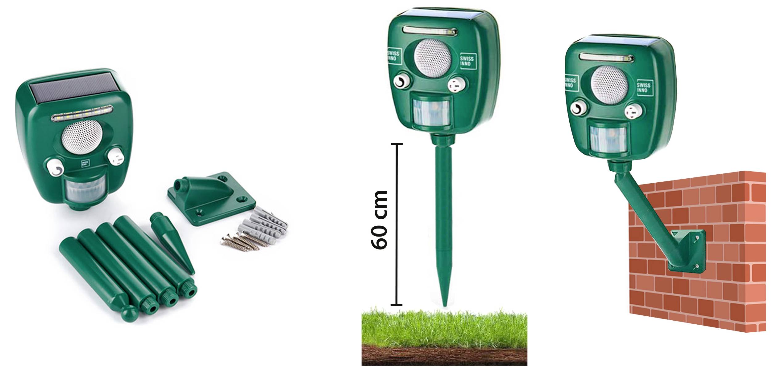 'Groene dierverjager met bewegingsdetectie en zonnepaneel, te plaatsen op grondpen of wandbeugel. Meet 60 cm hoogte wanneer in de grond gestoken.'