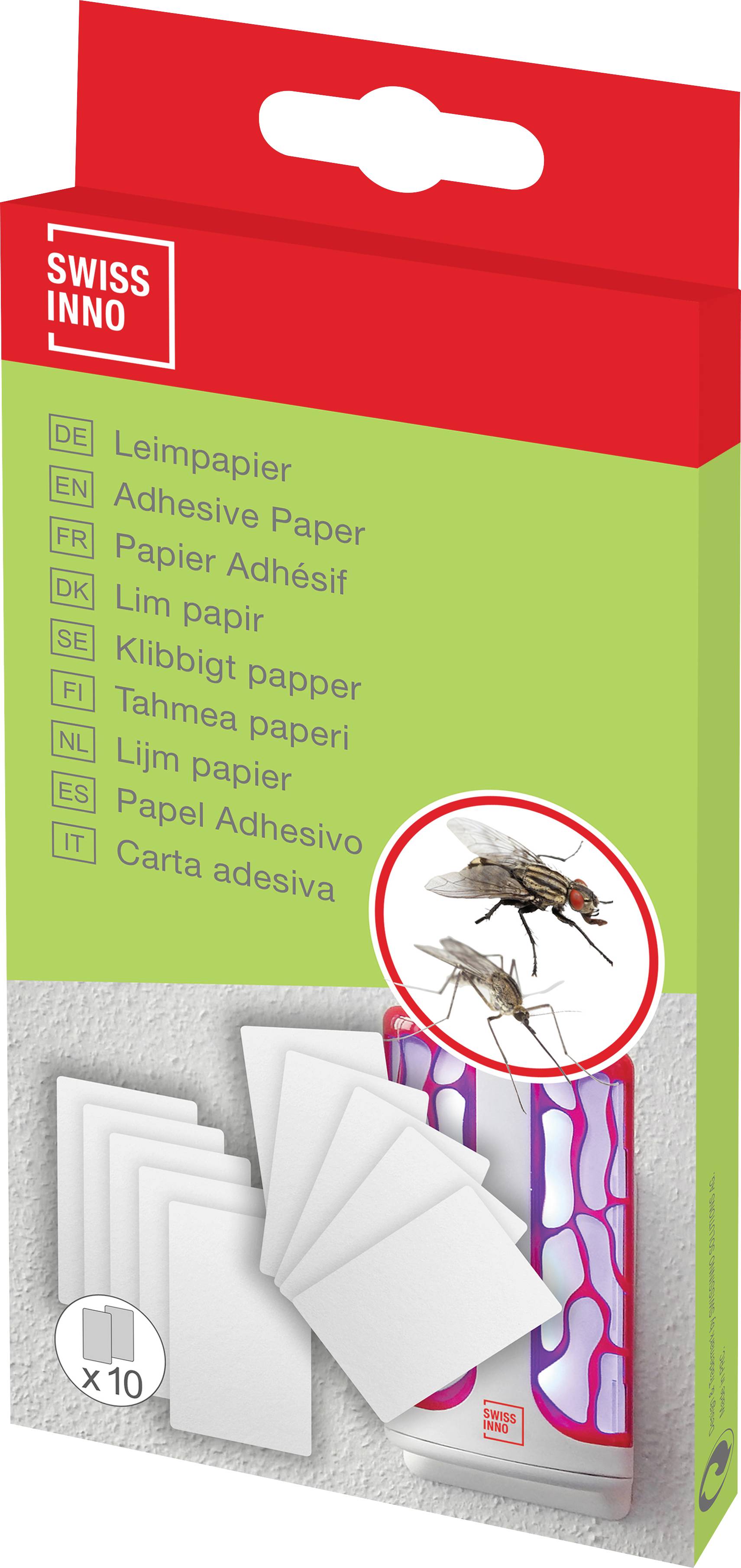 Verpakking met lijmpapier tegen vliegen, bevat 10 vellen. Verpakking toont afbeeldingen van vliegen en papieren vellen.