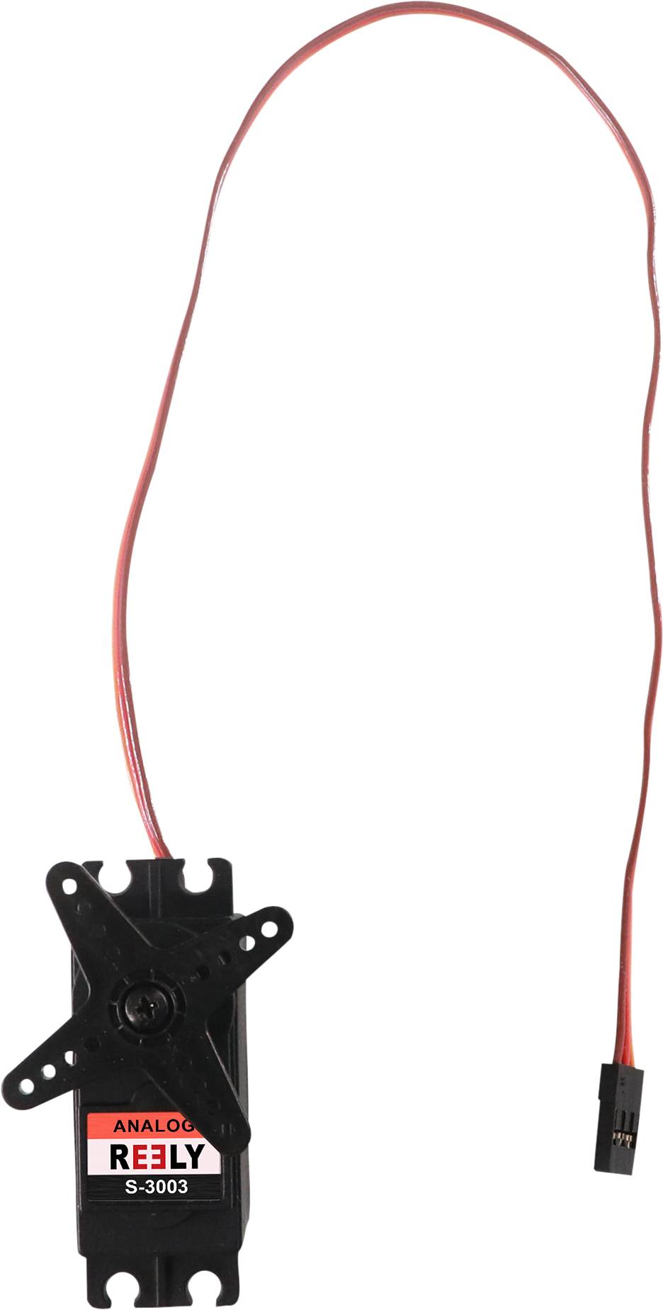 Een zwarte analoge servo met een rood snoer, gelabeld als 'Reely S-3003', weergegeven van bovenaf.