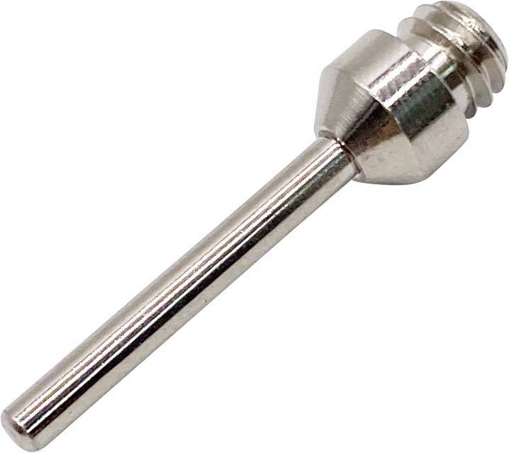 Een hoogwaardige, zilveren metalen steel met schroefdraad en een smalle doorsnede, waarschijnlijk een onderdeel van een gereedschap of apparaat.