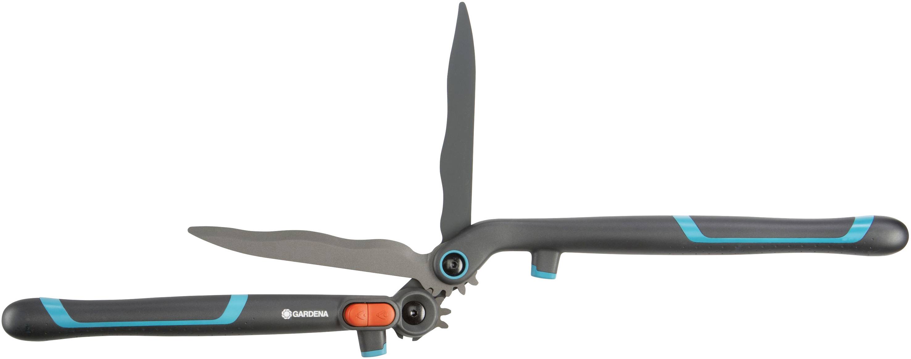 Heggenschaar met lange, zwarte handgrepen en getande messen, geschikt voor het snoeien van hagen en struiken.