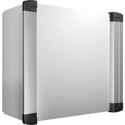 Metalen behuizing met een gladde voorkant, afgeronde zwarte hoeken.