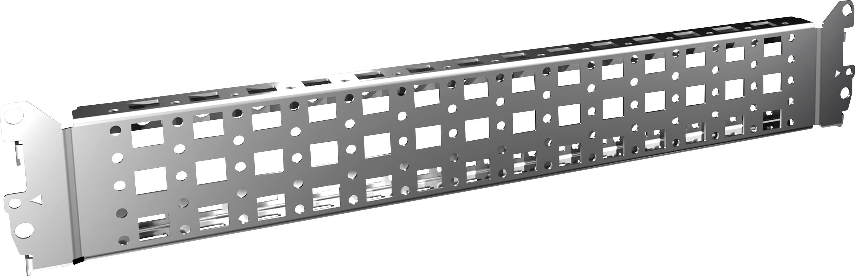 Metalen montagebeugel met vierkante en ronde gaten, geschikt voor het bevestigen van componenten in een reksysteem.