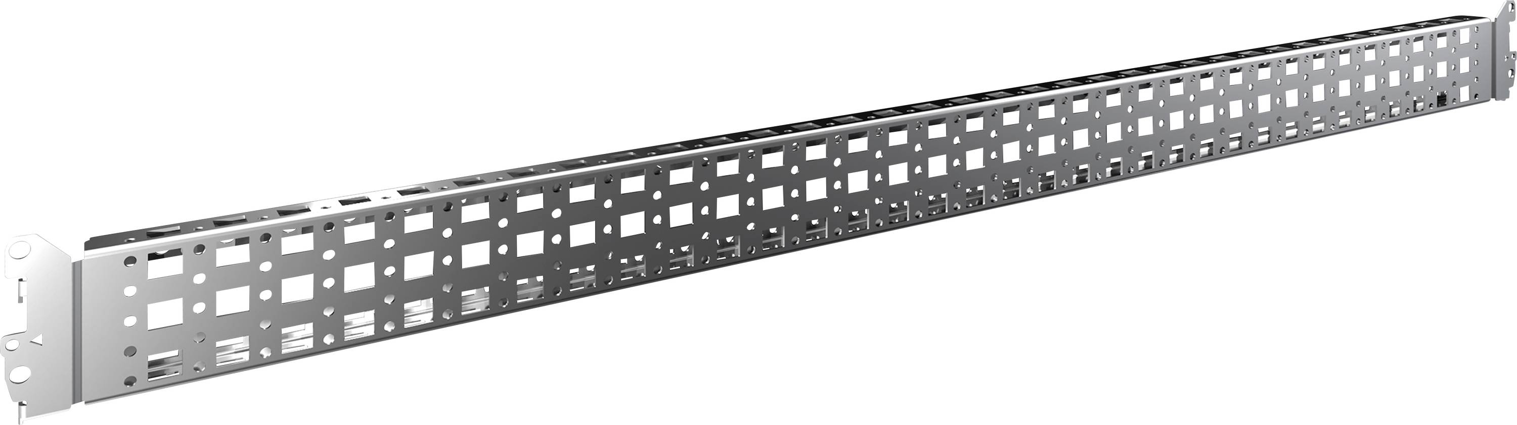 Een lange, zilveren metalen rail met talrijke vierkante en rechthoekige uitsparingen. Wordt gebruikt voor bevestiging in rackSystemen.
