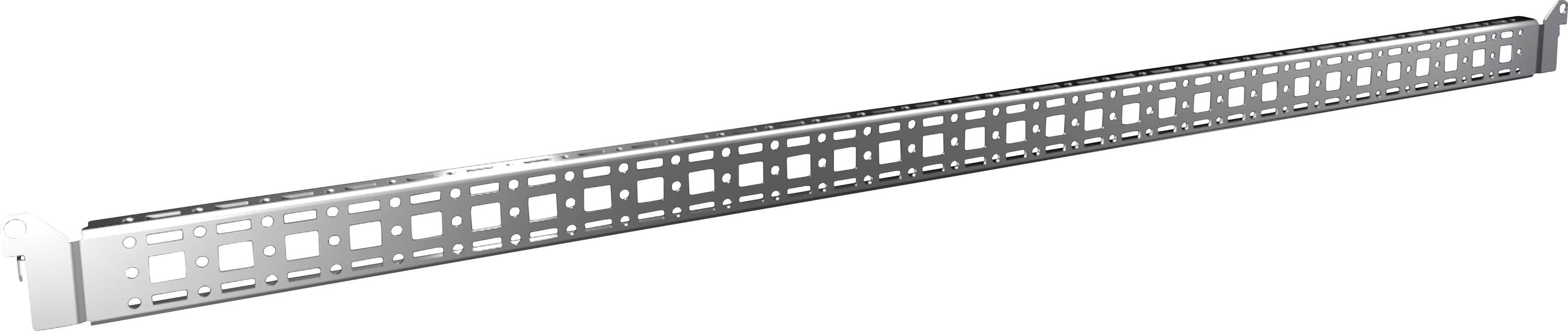 Metalen rail met rechthoekige en vierkante gaten langs de lengte. Geschikt voor bevestiging of montage.