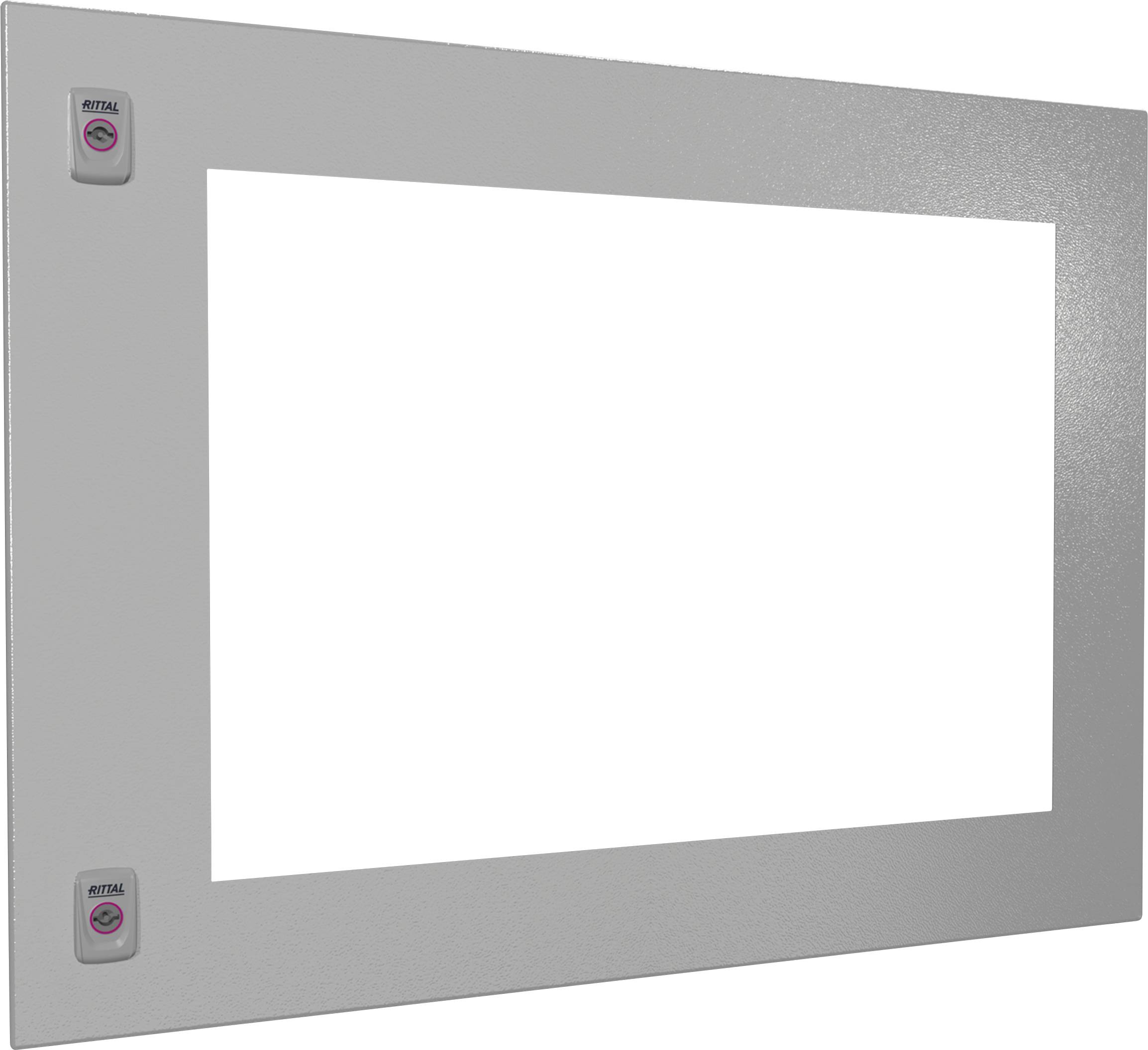 Metalen frame met rechthoekige uitsparing, twee bedieningselementen aan de zijkant en 'Rittal'-embleem, technisch-functioneel design.