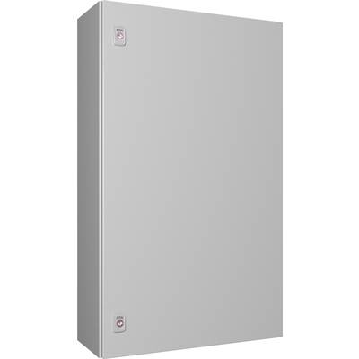 Grijze rechthoekige metalen kast met twee sloten aan de boven- en onderhoek aan de linkerkant.
