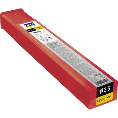 Rode doos met GYS lasstaven gelabeld 'Rutiel', maat 2,5 mm, E6013, x75, weergegeven in verpakking.