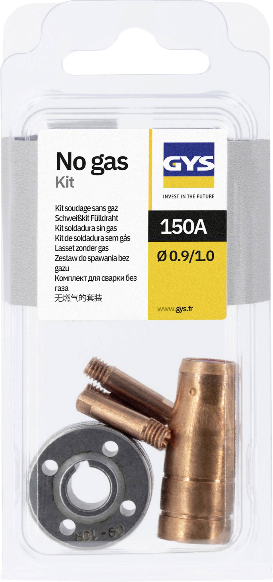 GYS gasloze lasset met contactpunten, spuitmond en ring, gelabeld 150A voor 0.9/1.0 draad