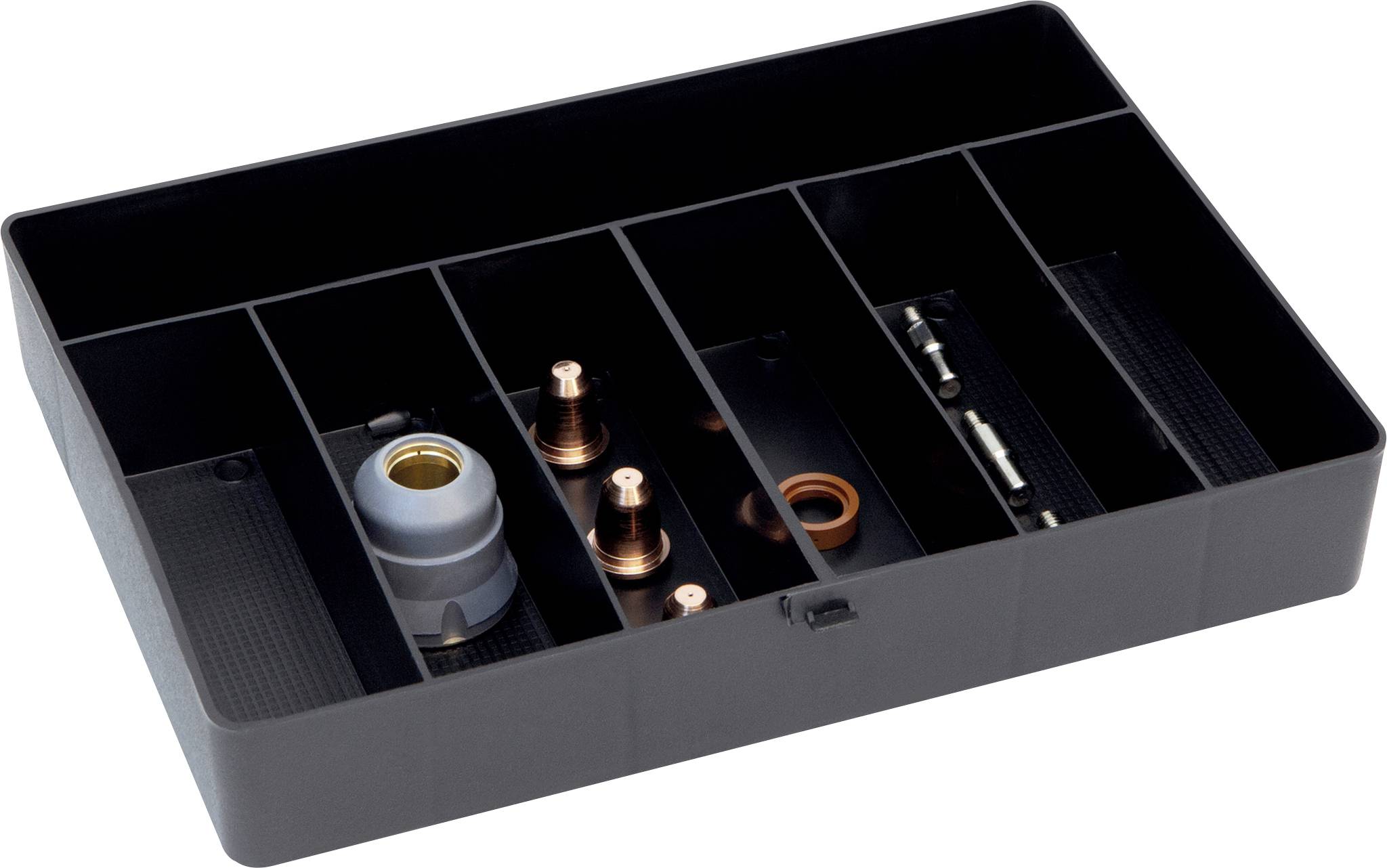 Open zwart organizer lade met meerdere compartimenten met assorteerde kleine metalen onderdelen en fittingen.