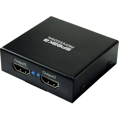 Zwarte HDMI-splitter van Spera met twee uitgangen, liggend op een tafel.