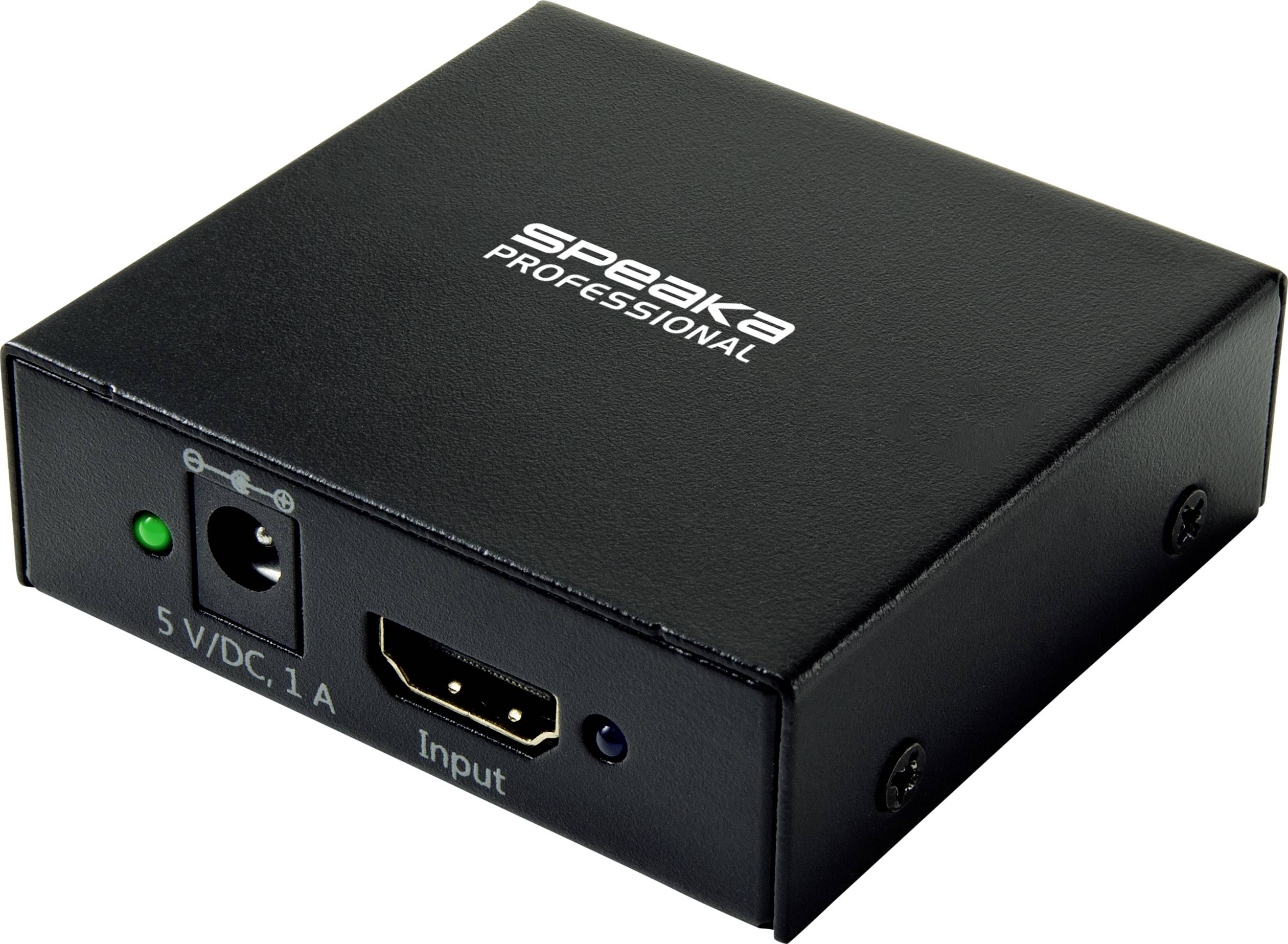 Kleine zwarte HDMI-converter met de opdruk 'speaka PROFESSIONAL', toont aansluitingen voor stroomvoorziening en HDMI-ingang.