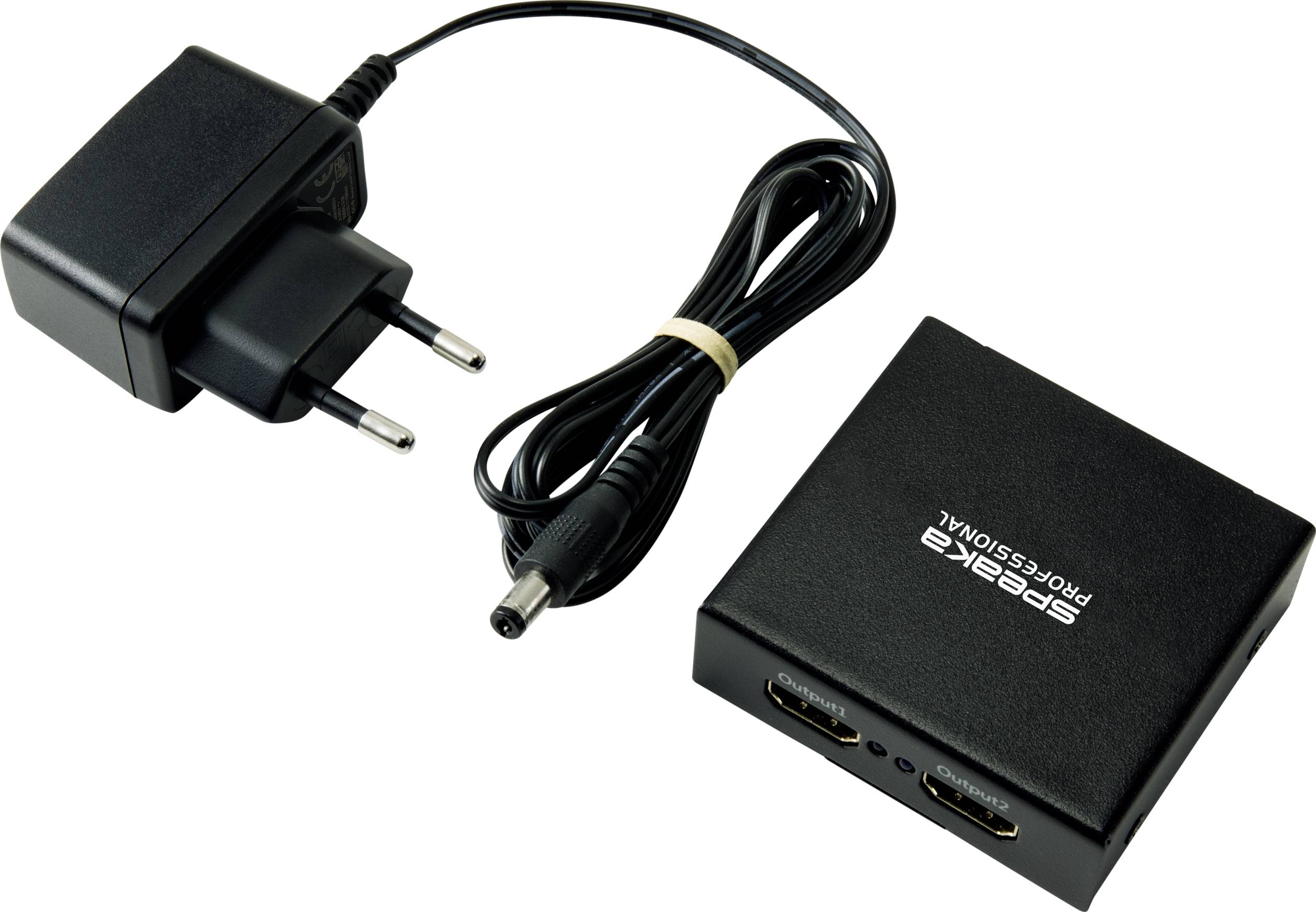 Netvoedingsstekker met kabel en rechthoekige zwarte adapter, gemarkeerd met '2 Poorts HDMI Switch', geschikt voor HDMI-aansluitingen.