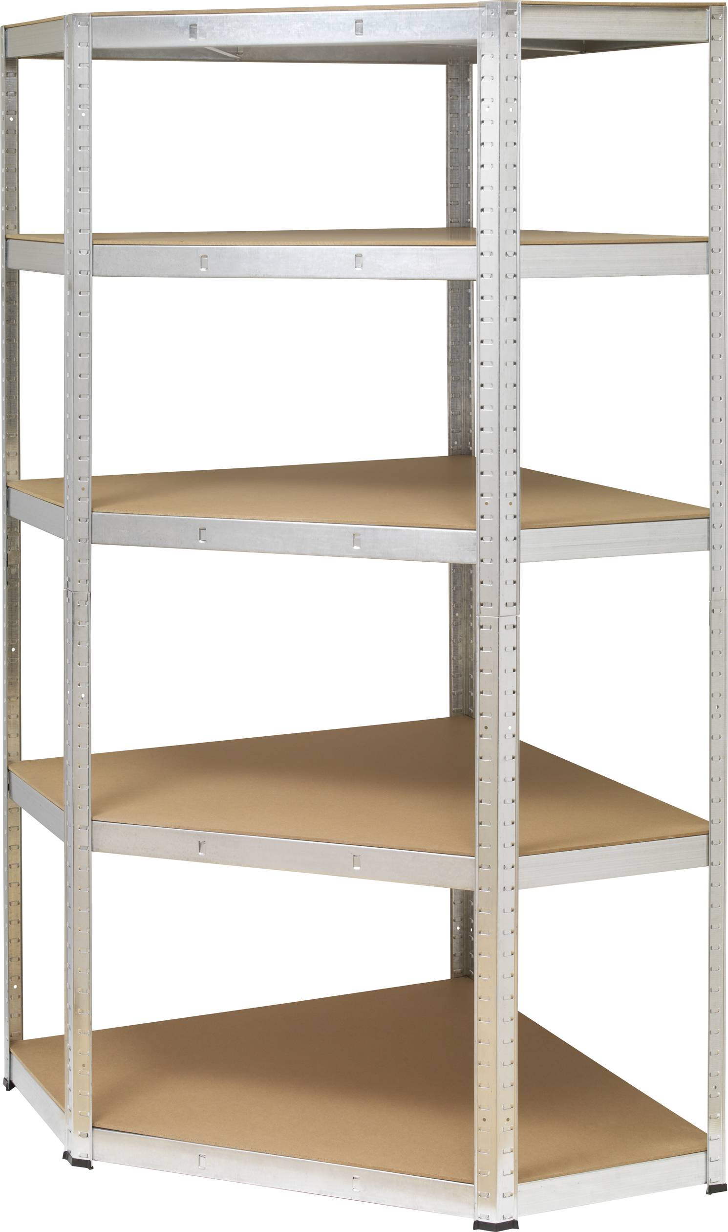 Metalen hoekkast met vijf planken.