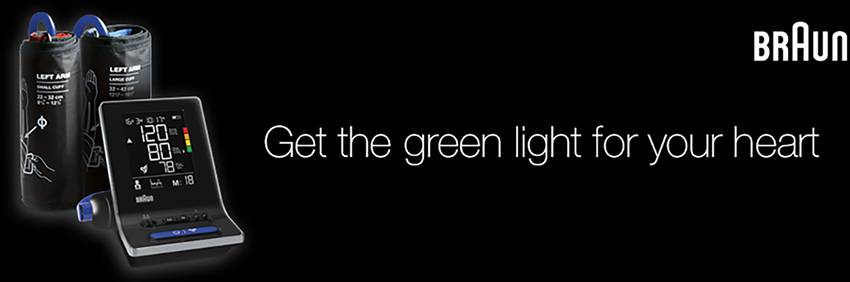 Bloeddrukmeter van Braun met digitaal display dat een groene zone aangeeft. Tekst: 'Krijg groen licht voor je hart'.