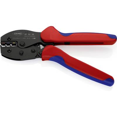 Een rode en blauwe krimptang van het merk 'Knipex', model 97 52 38, voor het crimpen van kabels, afgebeeld op een witte achtergrond.