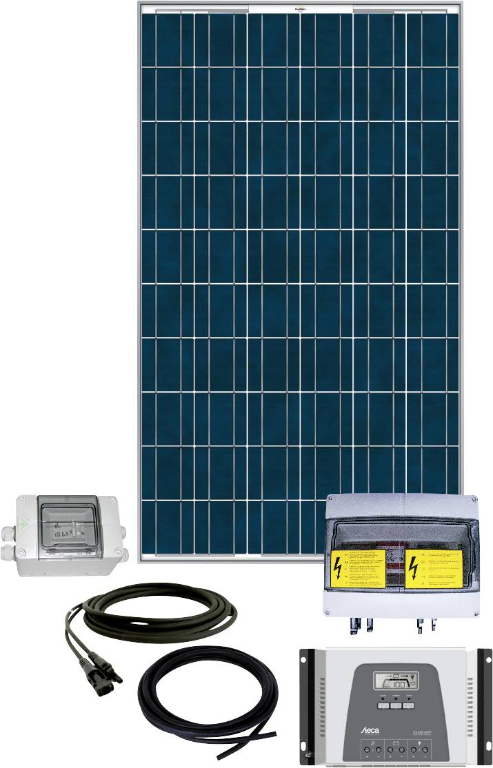 Zonnepaneelset bestaande uit een zonnepaneel, twee regelapparaten en kabels voor energieomzetting en -opslag.