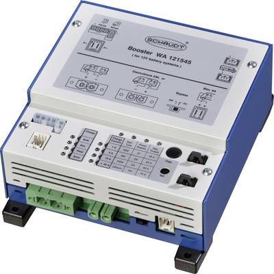 Elektronisch apparaat in blauw en wit met meerdere aansluitingen en schakelaars, waarop 'Booster WA 121545' staat, voor 12V-batterijsystemen.