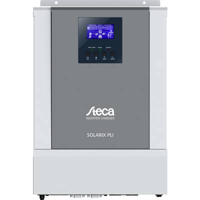 Zonne-omvormer 'Solarix PLI' van Steca met digitaal display en bedieningsknoppen voor instellingen. Apparaat in grijs-wit behuizing.
