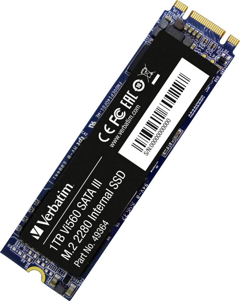 'Verbatim 1 TB Vi560 SATA III M.2 2280 Intern SSD-stuurprogramma, artikelnummer 49564' met productinformaties en streepjescode.