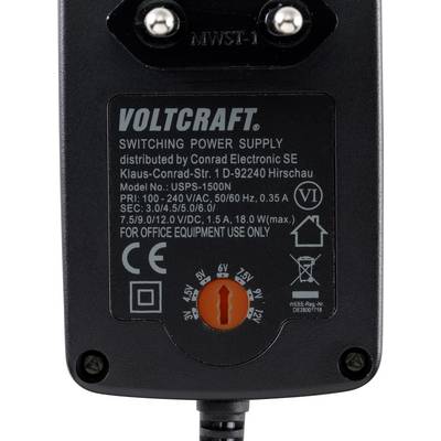 'Voltcraft' Schakelvoeding met modelnummer USPS-1500N, spanningskeuzewieltje, geschikt voor kantoorapparatuur, geschikt voor 100-240 V, 50/60 Hz.
