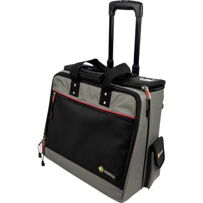 Grijze en zwarte rolbare handbagage-gereedschapstas met telescopisch handvat en schouderriemen op een witte achtergrond.