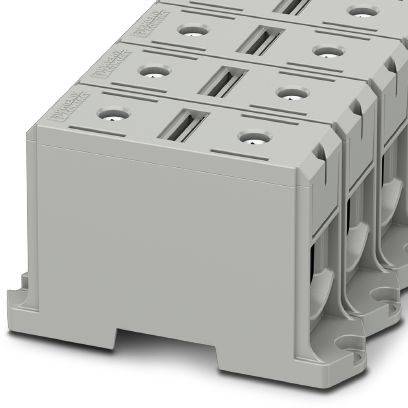Tweerijige grijze aansluitblok voor elektrotechnische verbindingen, met meerdere aansluitingen in symmetrische opstelling.