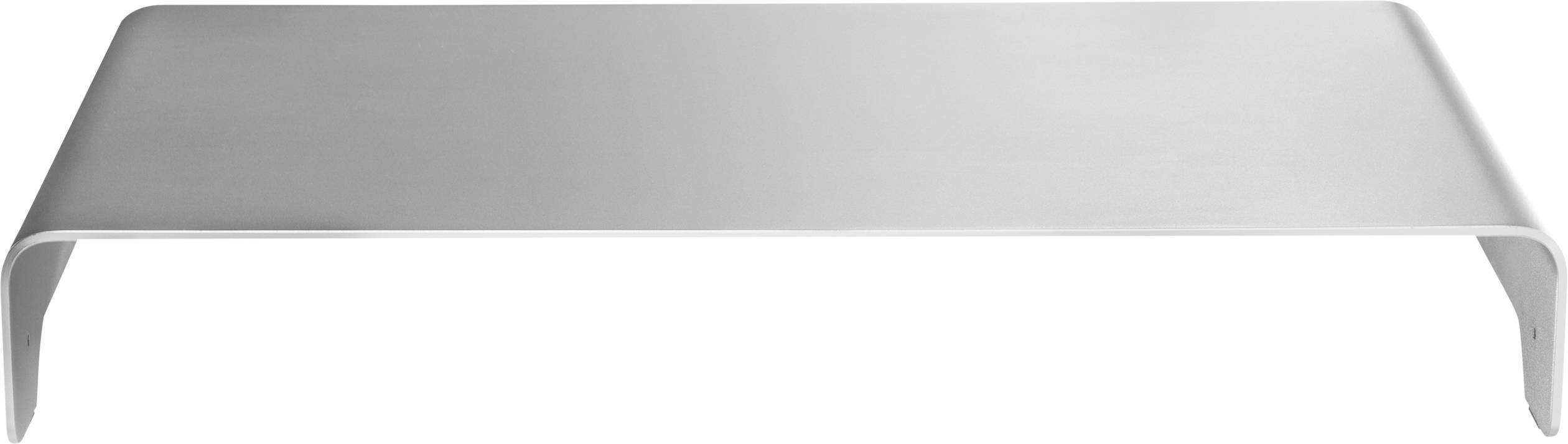 Een zilveren monitorstandaard met een gebogen ontwerp, geschikt voor het verhogen van beeldschermen voor betere ergonomie op de werkplek.