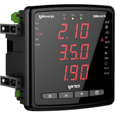 Elektronisch meetapparaat met display toont waarden: 2.10, 3.50, 1.90 in het rood. Toetsen bevinden zich eronder, 'A'-symbool brandt.