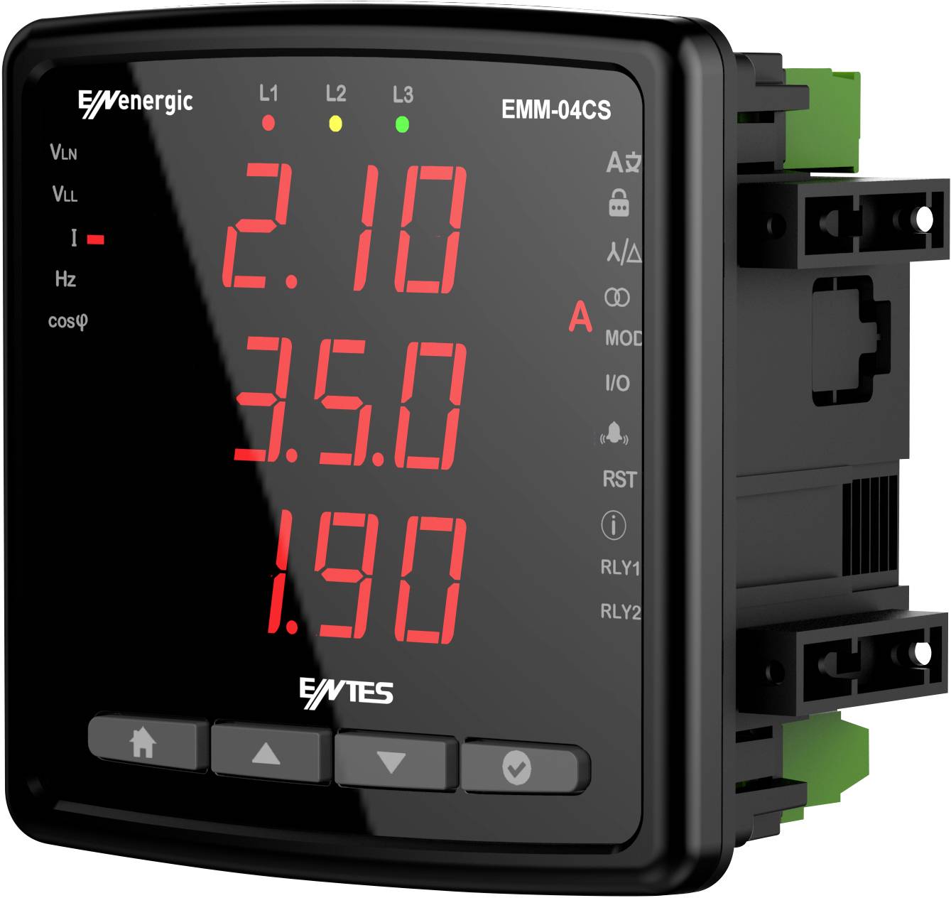 Meetinstrument met digitaal display toont drie digitale waarden: '2.10', '3.50' en '1.90'. Links symbolen voor spanning en frequentie.