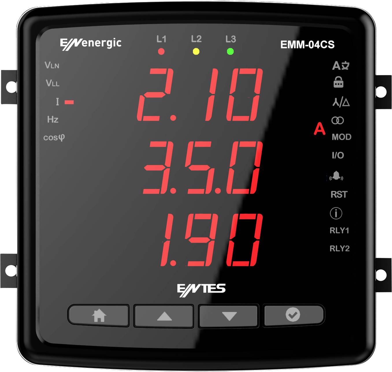 Een digitaal meetinstrument toont spanningen: '2.10', '3.50', '1.90' op een display. Bedieningsknoppen bevinden zich onderaan.