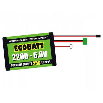 Afbeelding van een oplaadbare lithiumbatterij met het opschrift 'EGOBATT 2200 - 6.6V', 25C LiFePo4, illustreert aansluitingen.