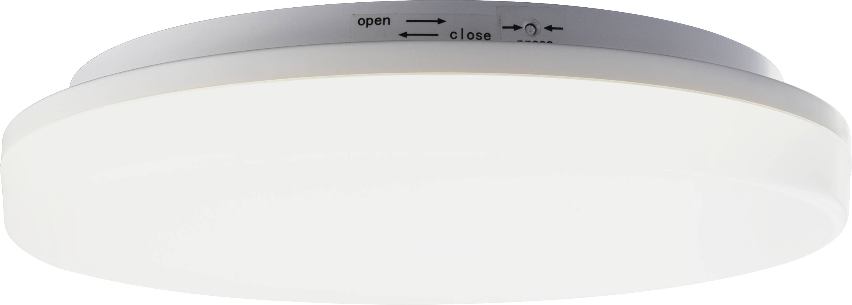 Ronde, platte plafondlamp met een witte kap en aanwijzingen voor openen en sluiten aan de bovenkant.