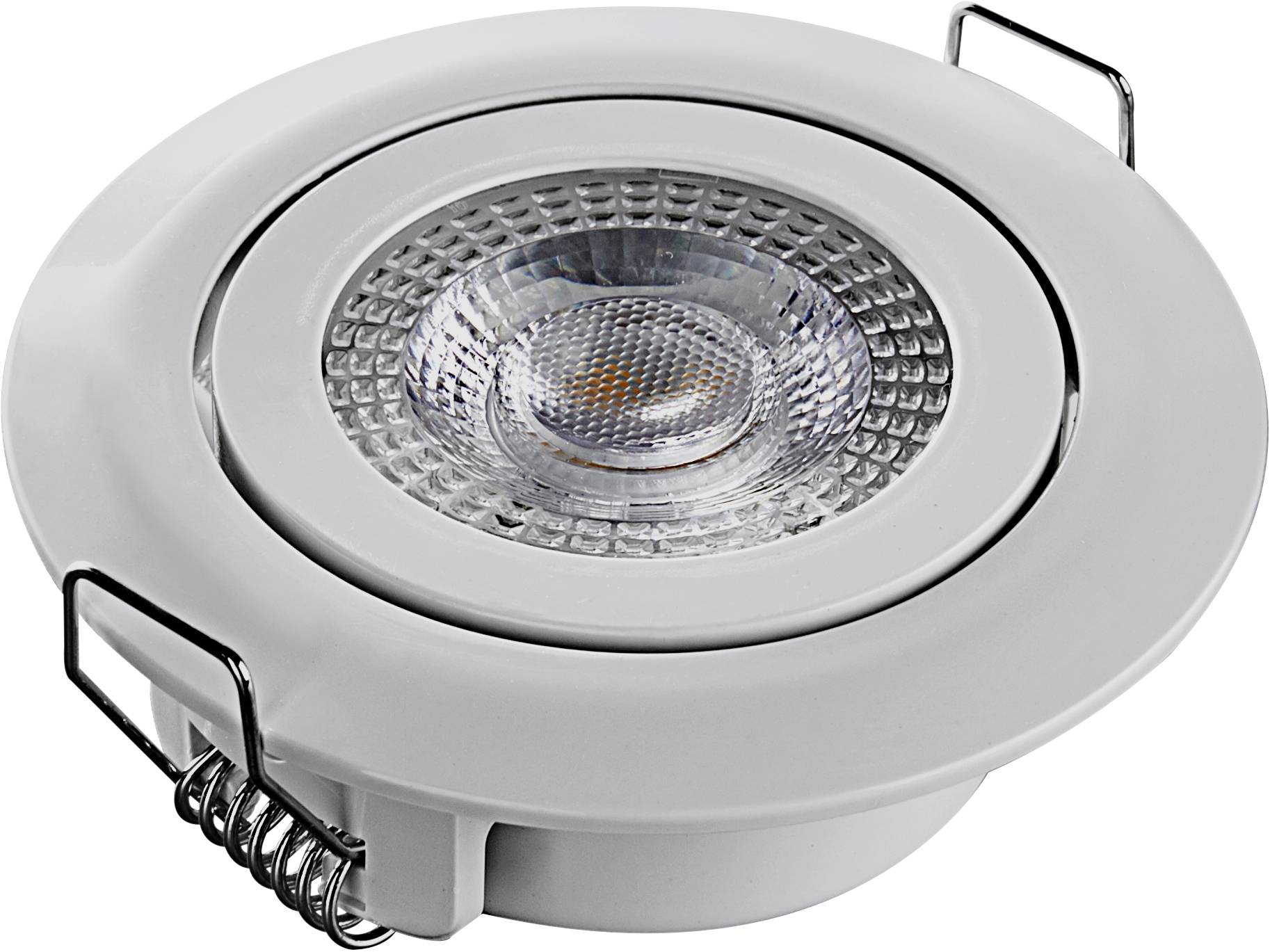 Een ronde, witte LED-inbouwspot met helder, geprofileerd glas in het midden en twee metalen bevestigingsclips voor montage in het plafond.