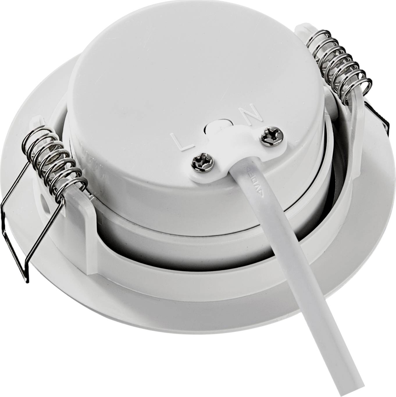 Ronde, witte plafondlamp met veerklemmen en kabel aan de achterkant, geschikt voor montage in verlaagde plafonds.