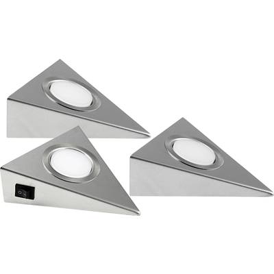 Drie driehoekige LED-onderbouwlampen van roestvrij staal, waarvan één met een schakelaar. Geschikt voor keuken of werkruimte voor verlichting.